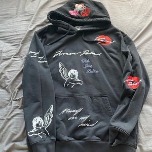 Black Graphic Hoodie with Angel and Lip Designs